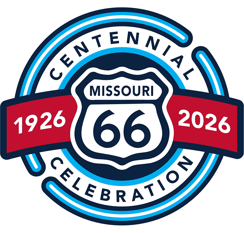 logo: celebrate missouri 66 1926 to 2026 with two-tone blue circular background, red flags and banner